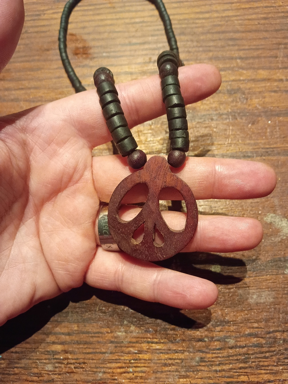 Source Unknown Brown & Black Wooden Peace Sign Necklace